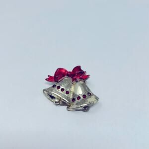 Vintage Unbranded Gold & Red Christmas Bells Brooch/Pin Size 1 inch